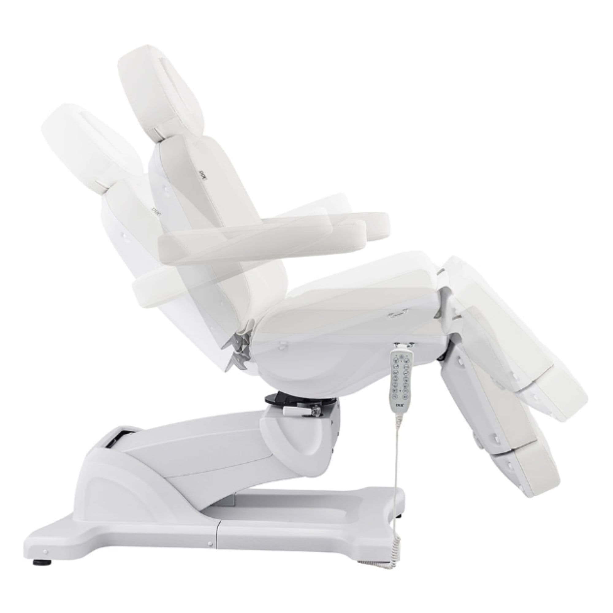 Libra 5-Motors Electric Medical Procedure Chair with Split Legs White Side View Demonstrating Chair And Stirrup Adjustment Positions On White Background