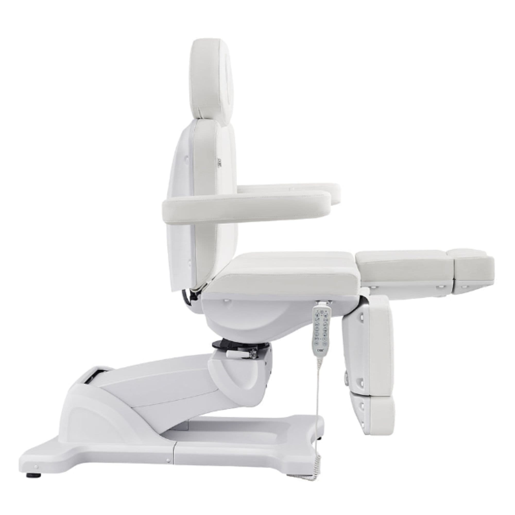 Libra 5-Motors Electric Medical Procedure Chair with Split Legs White Side View Demonstrating Leg Rest Full Recline Adjustment Range On White Background