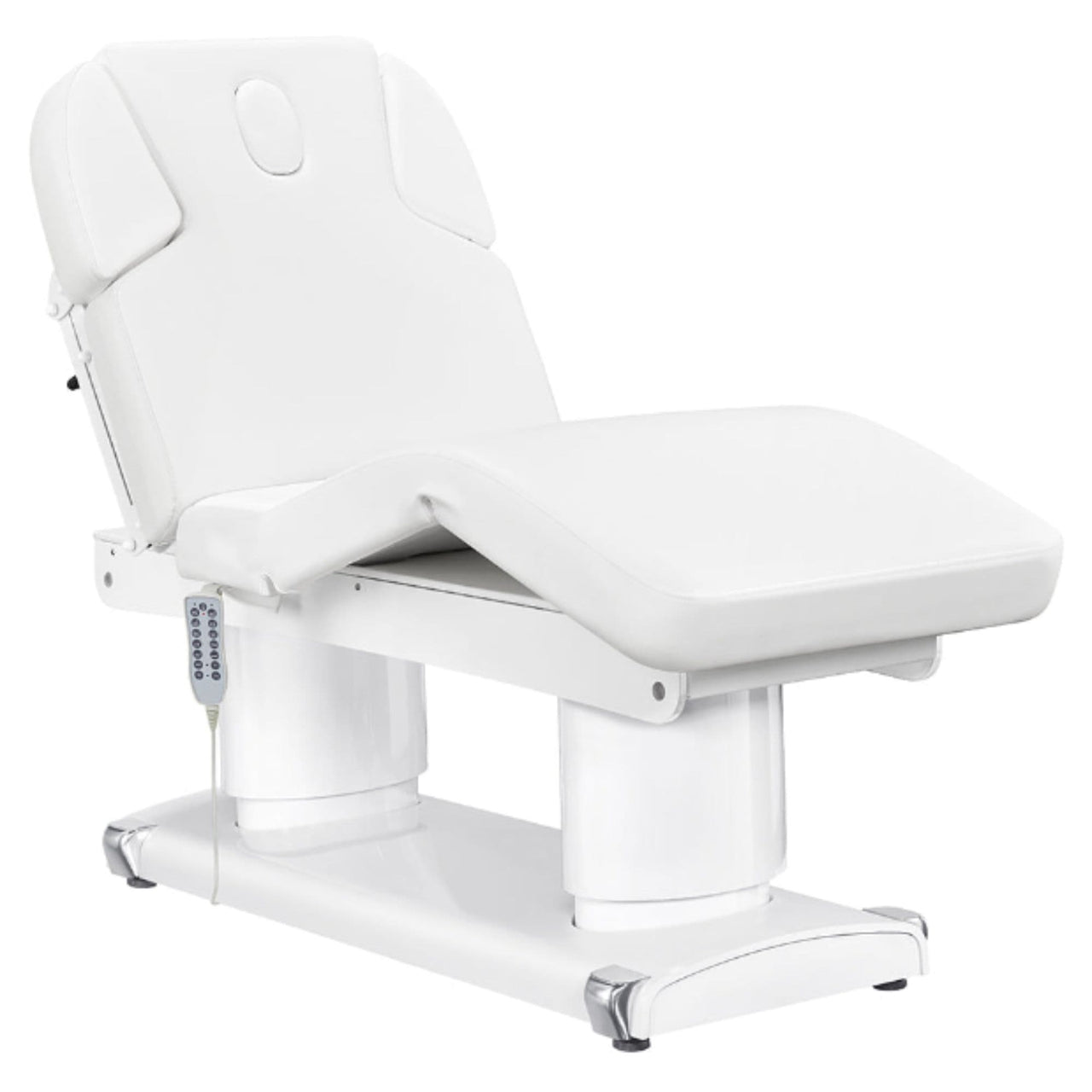 Luxi 4-Motors Medical Spa Treatment Bed Front Angled View Of White Color With Semi-Folded Leg Section And Remote Control On White Background