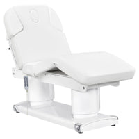 Thumbnail for Luxi 4-Motors Medical Spa Treatment Bed Front Angled View Of White Color With Semi-Folded Leg Section And Remote Control On White Background