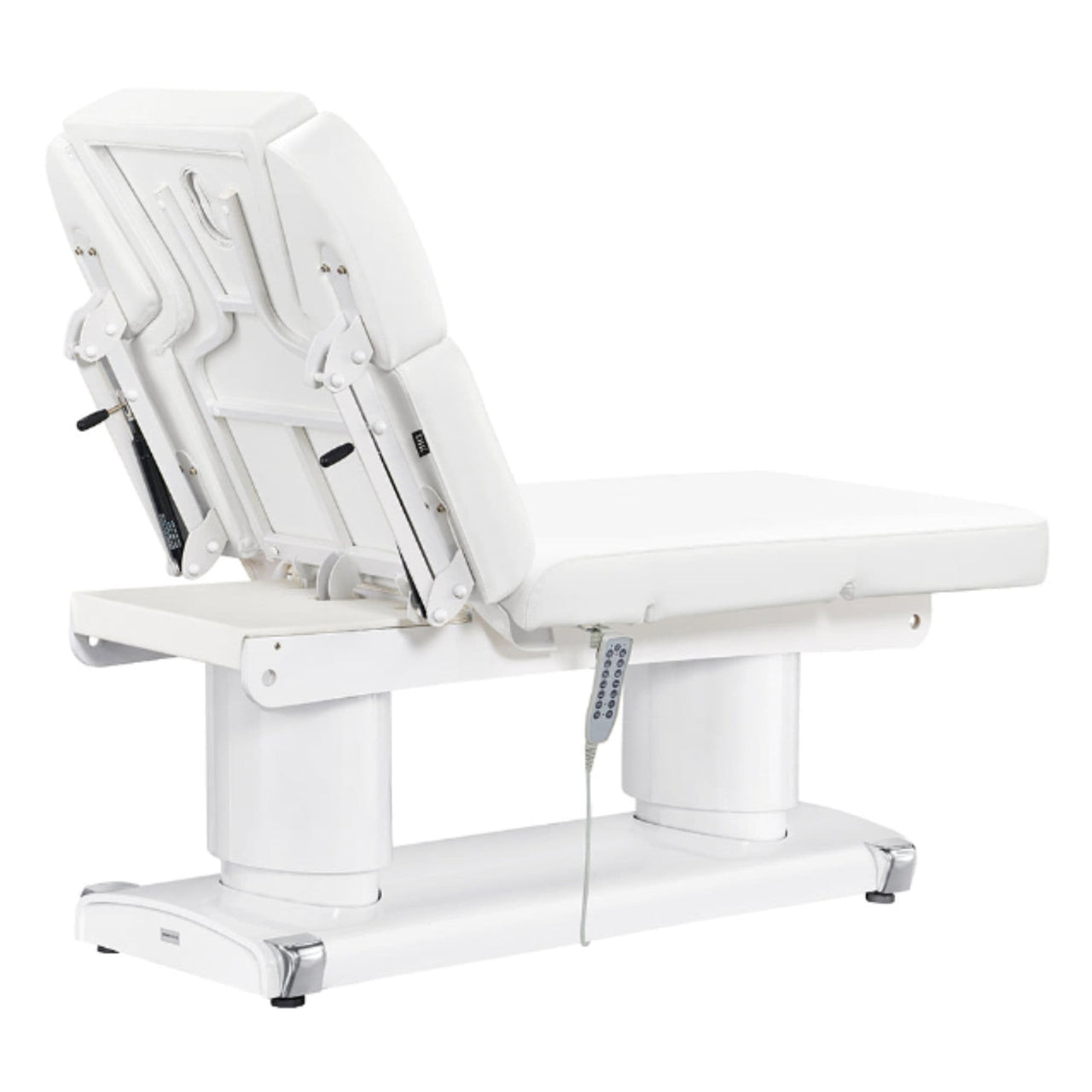 Luxi 4-Motors Medical Spa Treatment Bed Rear View Of White Color And Reclined On Head Section With Remote Control On White Background