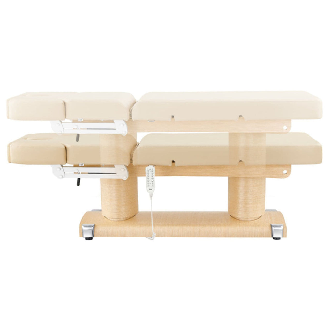 Luxi 4-Motors Medical Spa Treatment Bed Side View And Fully Reclined Of Beige Color Showing An Up And Down Adjustment With Remote Control On White Background