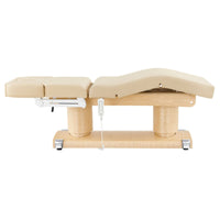 Thumbnail for Luxi 4-Motors Medical Spa Treatment Bed Side View And Fully Reclined Of Beige Color With Semi-Folded Leg Section And Remote Control On White Background