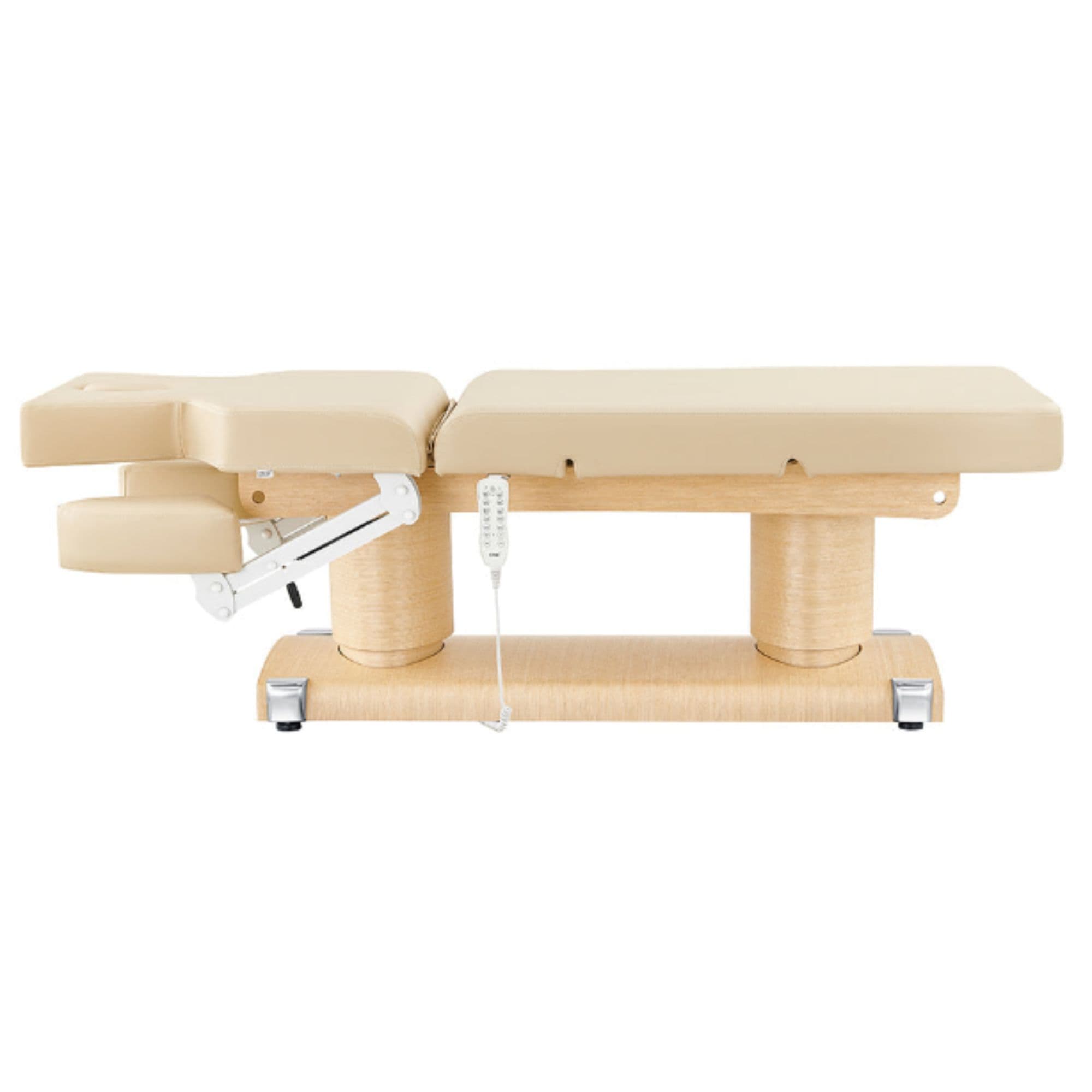 Luxi 4-Motors Medical Spa Treatment Bed Side View And Fully Reclined Of Beige Color With Slightly Adjusted Side Cushion And Remote Control On White Background