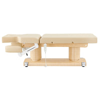 Thumbnail for Luxi 4-Motors Medical Spa Treatment Bed Side View And Fully Reclined Of Beige Color With Slightly Adjusted Side Cushion And Remote Control On White Background