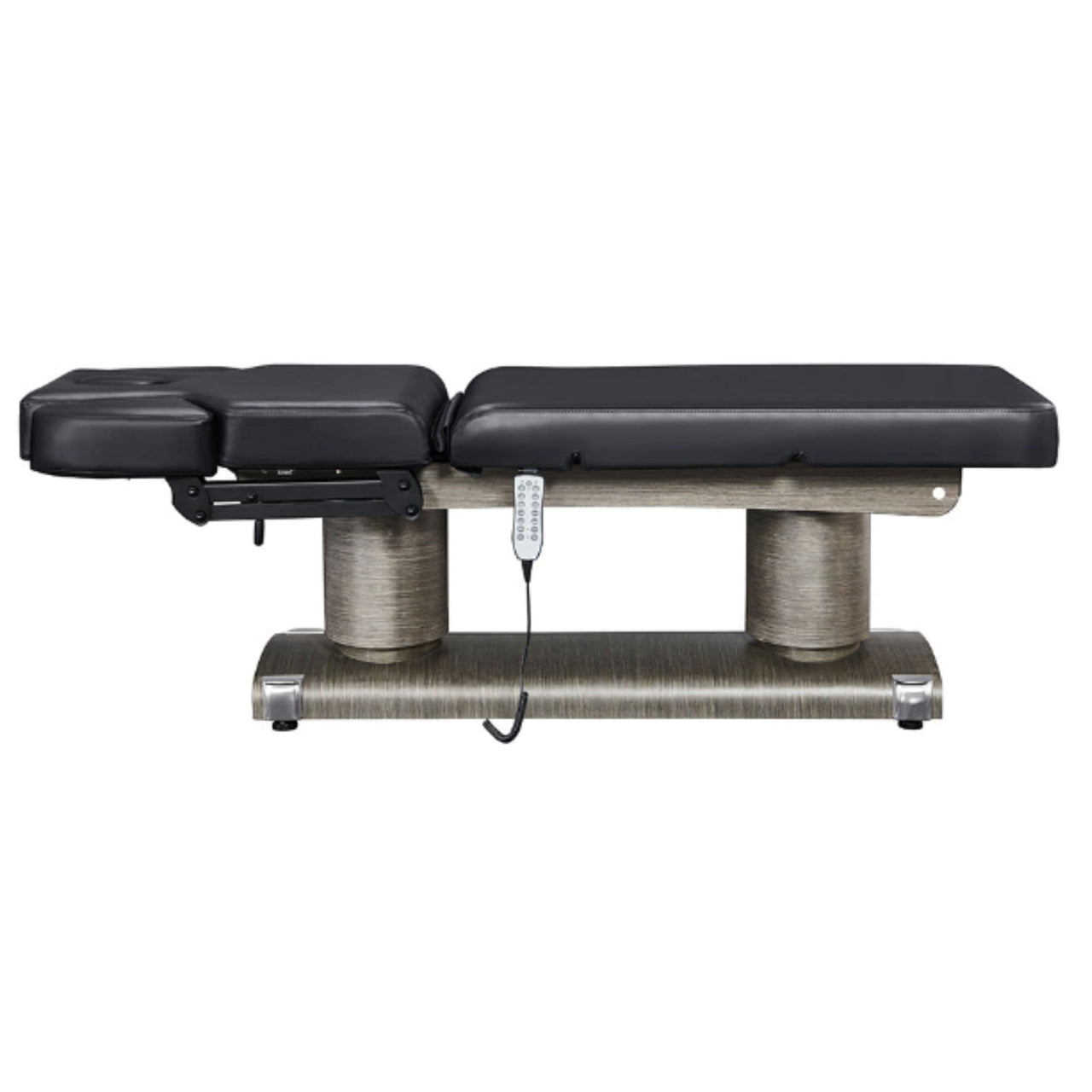 Luxi 4-Motors Medical Spa Treatment Bed Side View And Fully Reclined Of Black Color With Remote Control On White Background