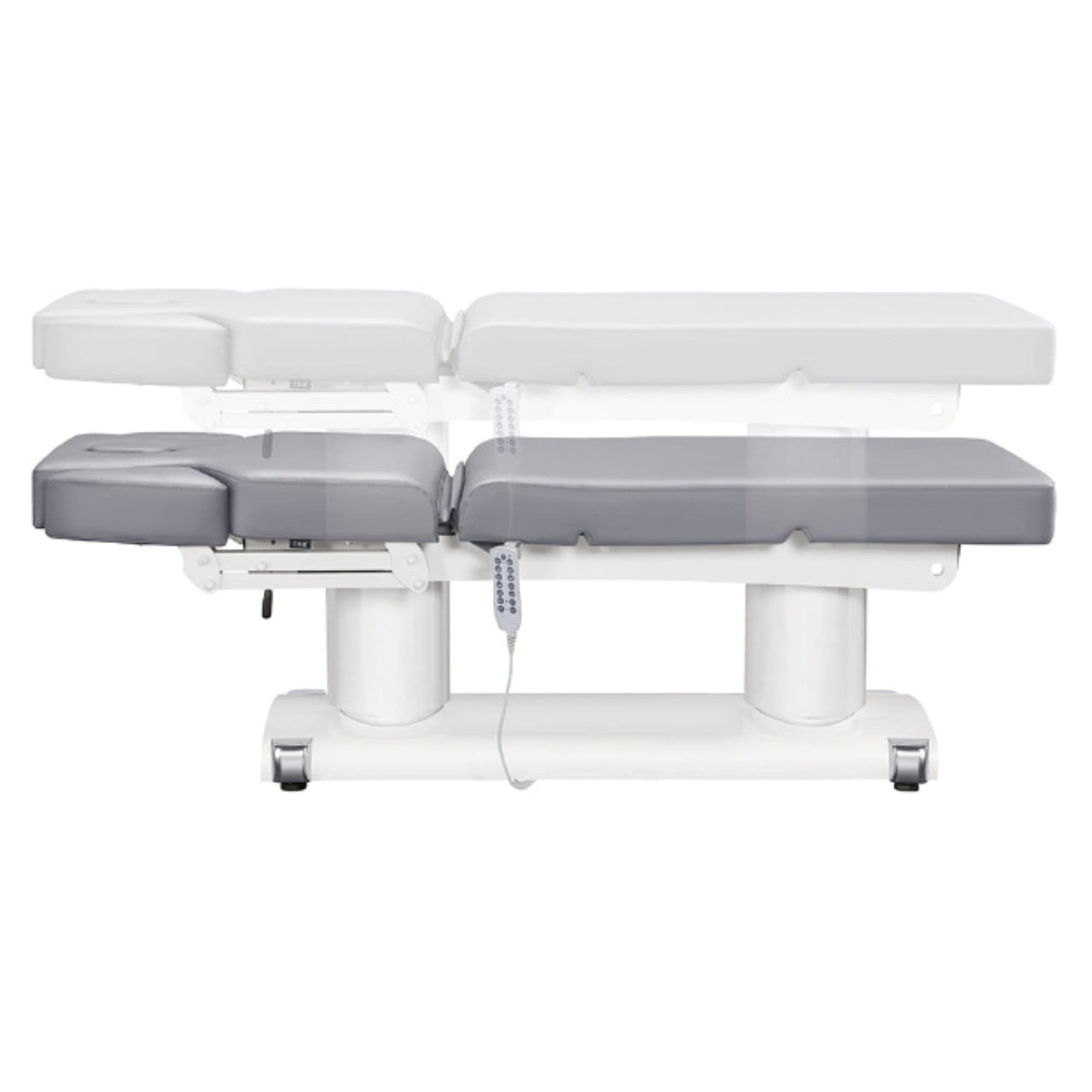 Luxi 4-Motors Medical Spa Treatment Bed Side View And Fully Reclined Of Gray Color Showing An Up And Down Adjustment With Remote Control On White Background