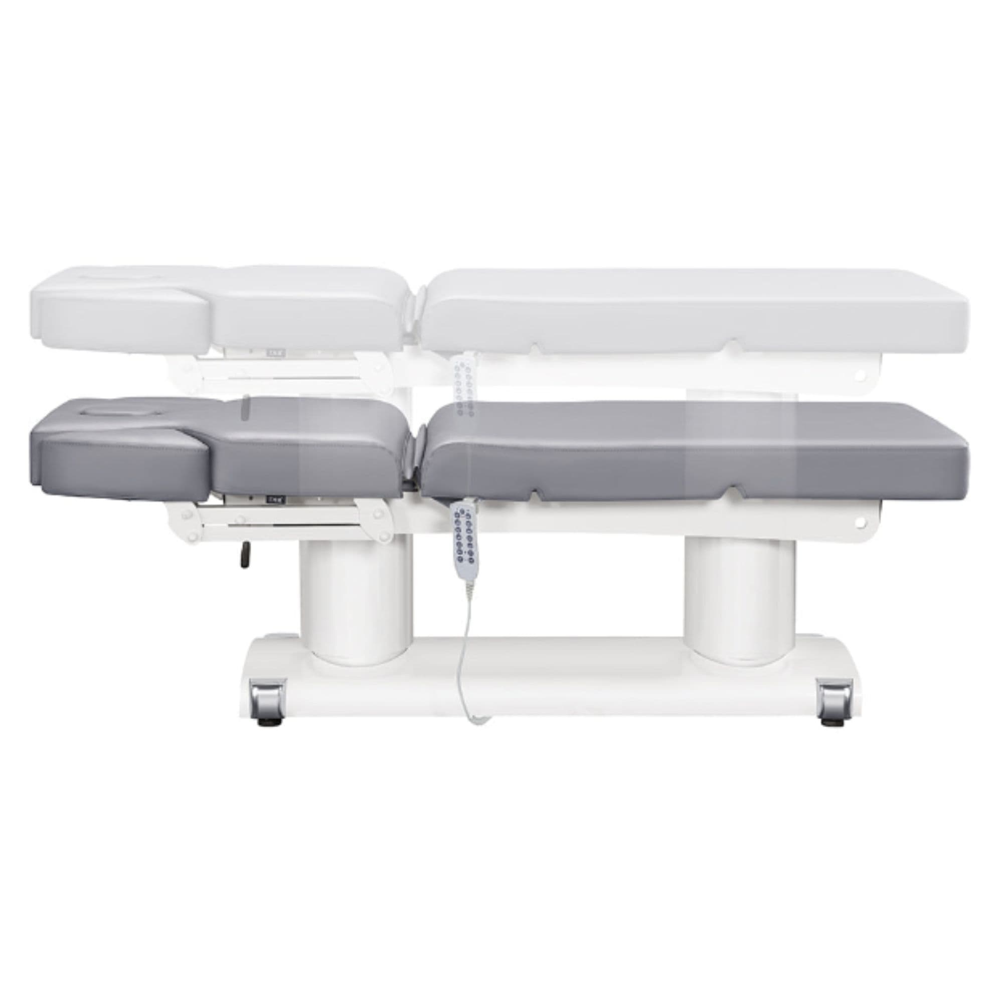 Luxi 4-Motors Medical Spa Treatment Bed Side View And Fully Reclined Of Gray Color Showing An Up And Down Adjustment With Remote Control On White Background