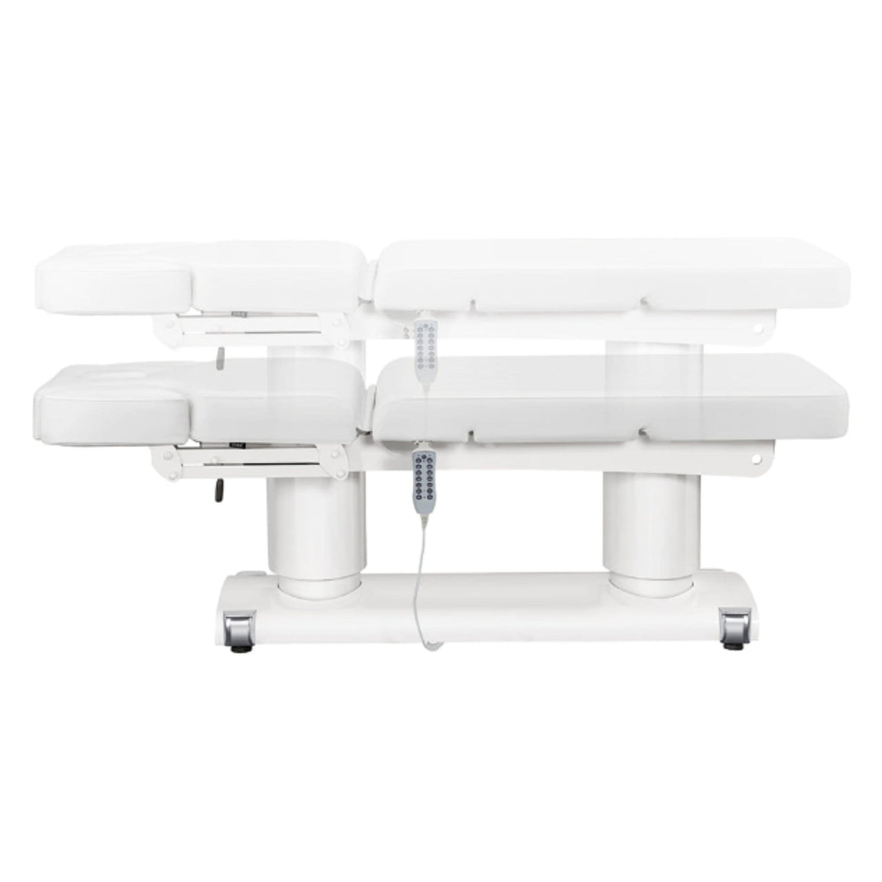 Luxi 4-Motors Medical Spa Treatment Bed Side View And Fully Reclined Of White Color Showing An Up And Down Adjustment With Remote Control On White Background