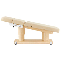 Thumbnail for Luxi 4-Motors Medical Spa Treatment Bed Side View Of Beige Color Fully Reclined Chair And Raised Head Section With Remote Control On White Background