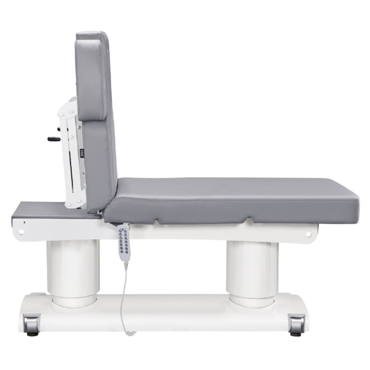 Luxi 4-Motors Medical Spa Treatment Bed Side View Of Gray Color And Fully Reclined On Head Section With Remote Control On White Background