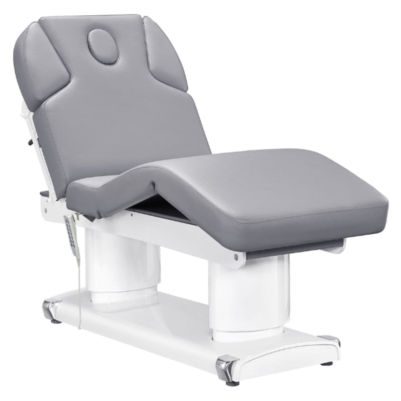 Luxi Quad-Motor Medical Spa Bed Front Angled View Of Gray Color With Semi-Folded Leg Section And Remote Control On White Background