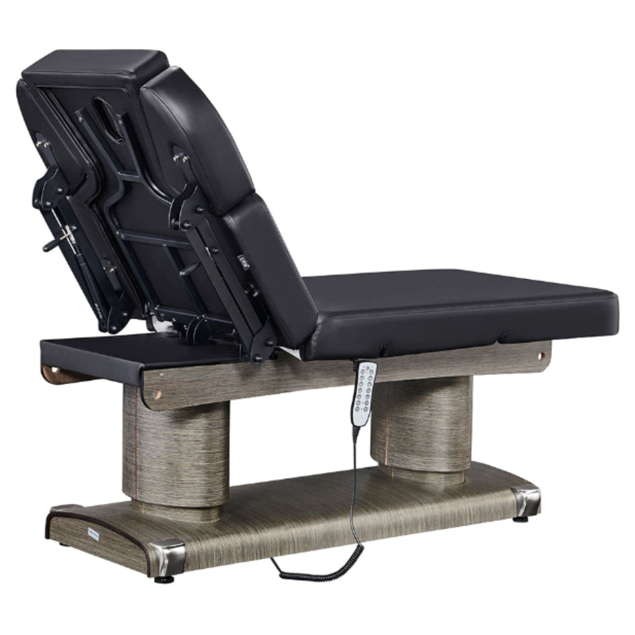 Luxi Quad-Motor Medical Spa Bed Rear View Of Black Color And Reclined On Head Section With Remote Control On White Background