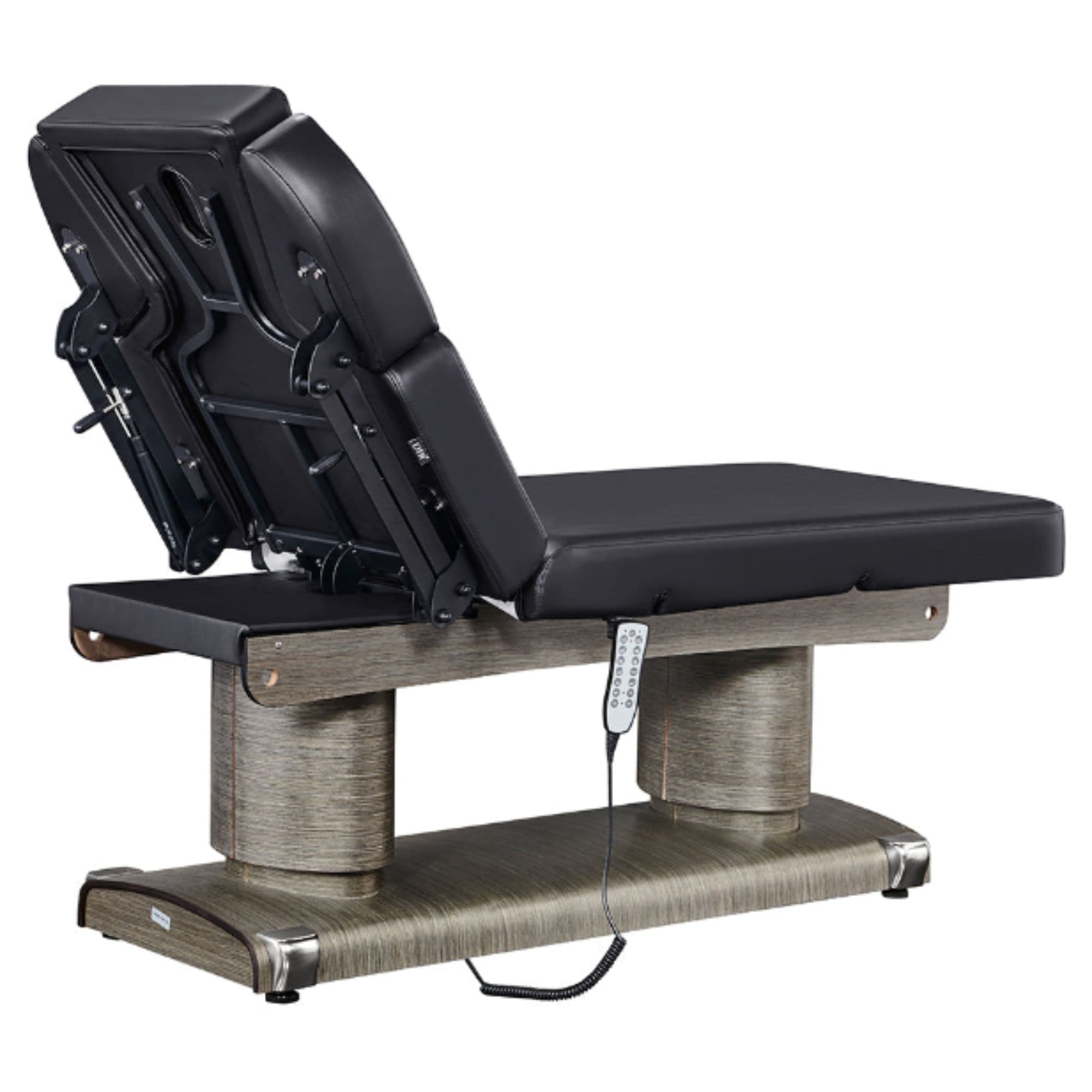 Luxi Quad-Motor Medical Spa Bed Rear View Of Black Color And Reclined On Head Section With Remote Control On White Background