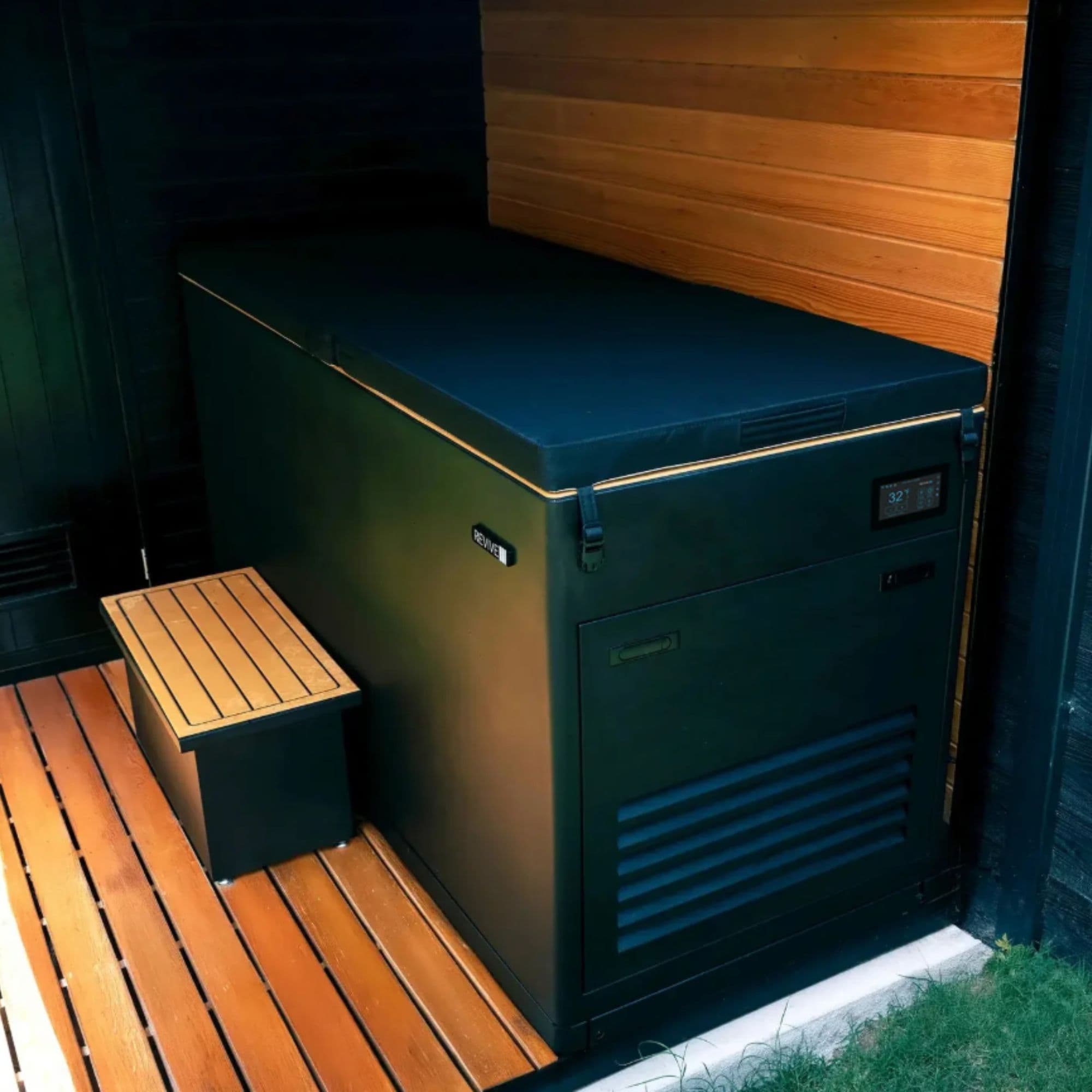 Luxury Cold Plunge Basin With 1HP Chiller Front Angle View With Matching Step In Outdoor Setting