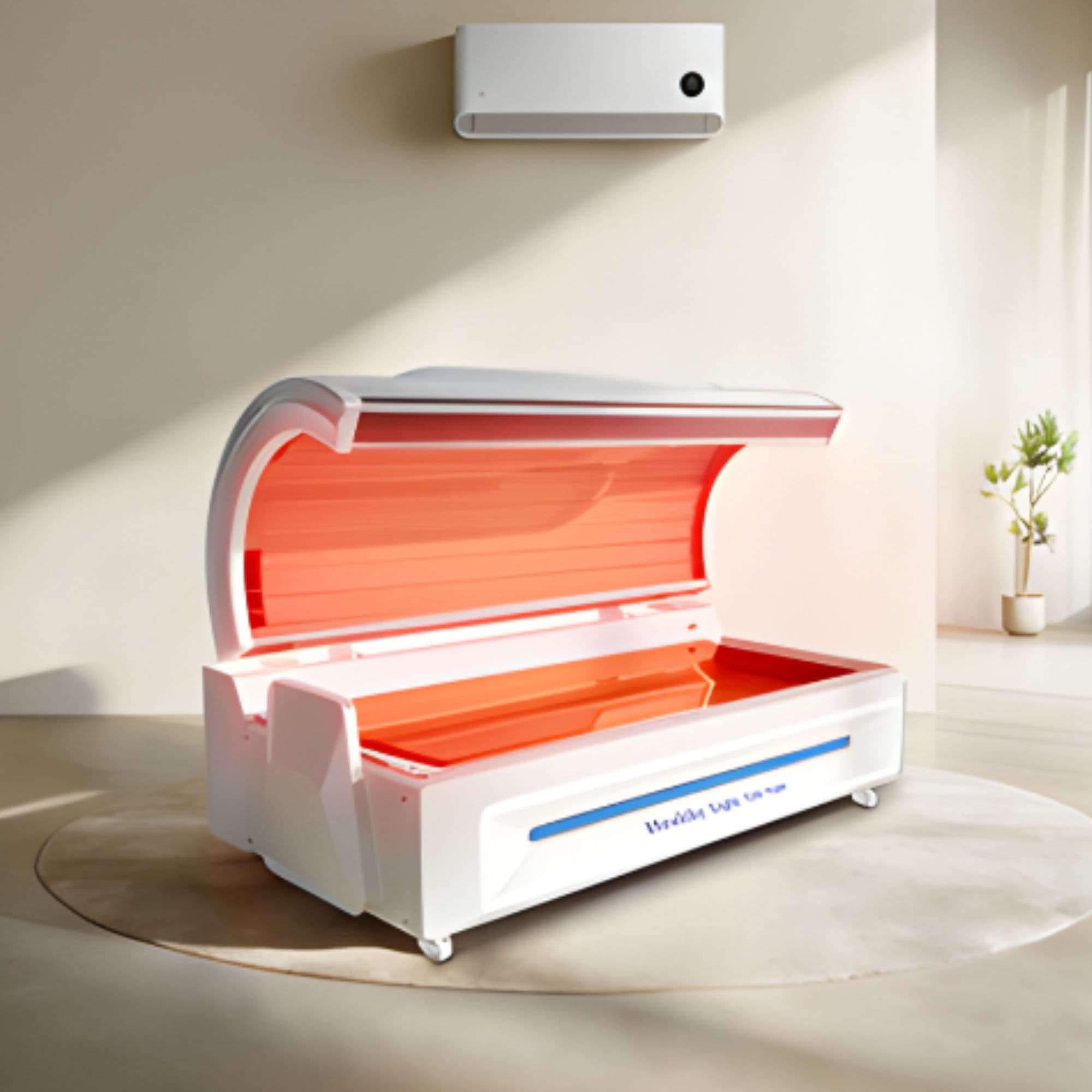 M5N Plus Red Light Therapy Bed By Merican Opened Angled View With Potted Indoor Plant