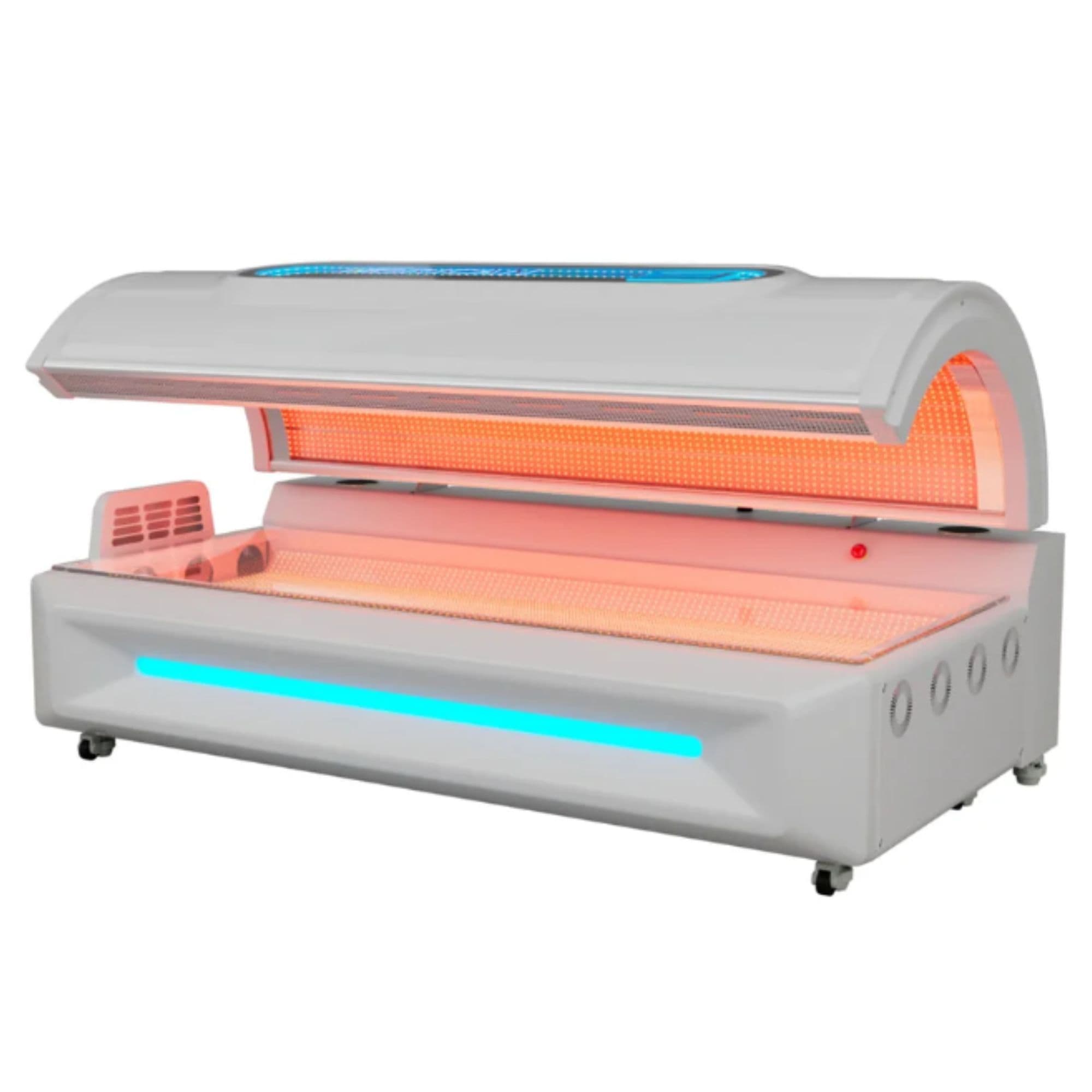 M5 Full Body Red Light Therapy Bed Slightly Opened Lunar White Variants With Lights On Angled View On White Background