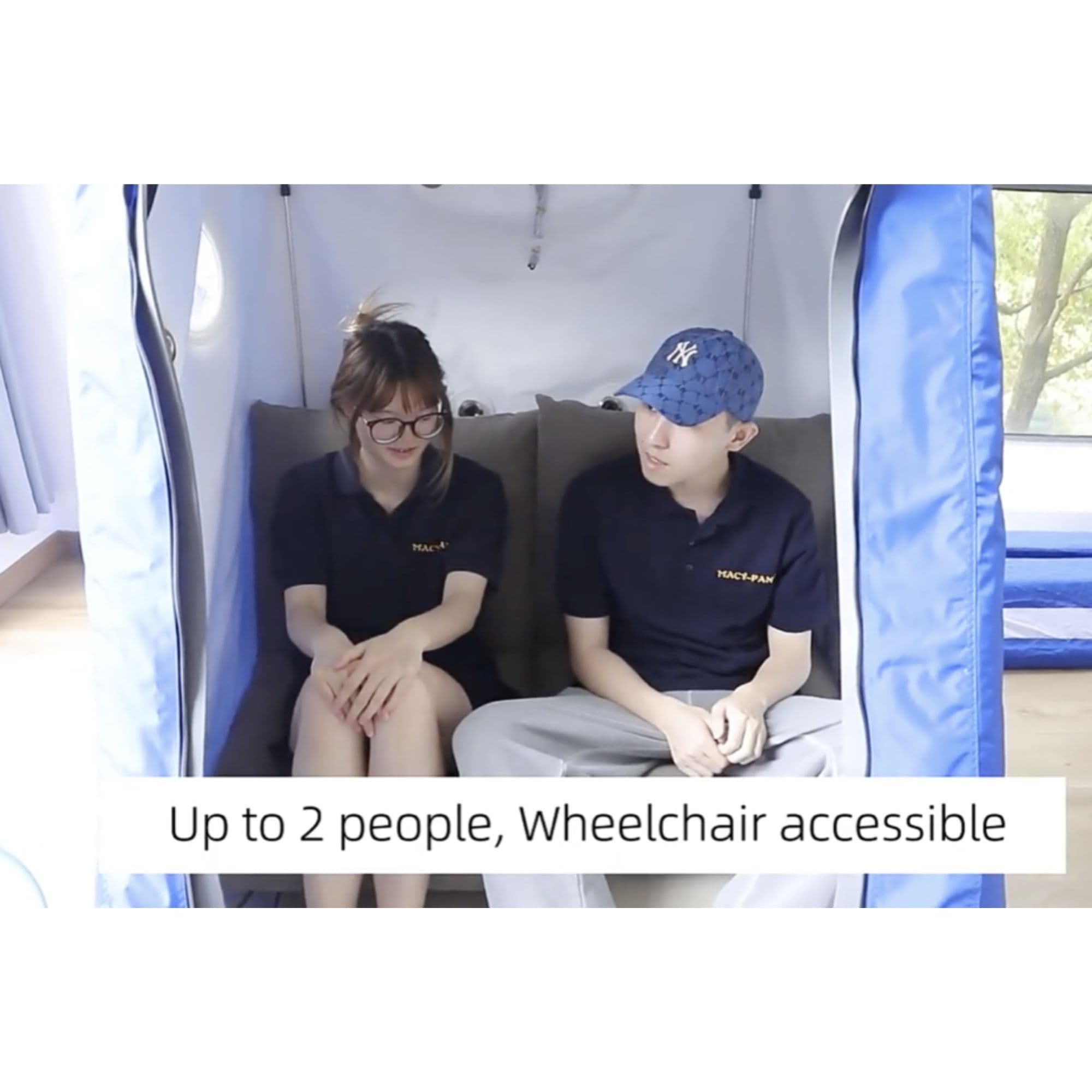 MC4000 Two Person Sitting Hyperbaric Chamber Open Door Front View With Two Users Sitting Inside