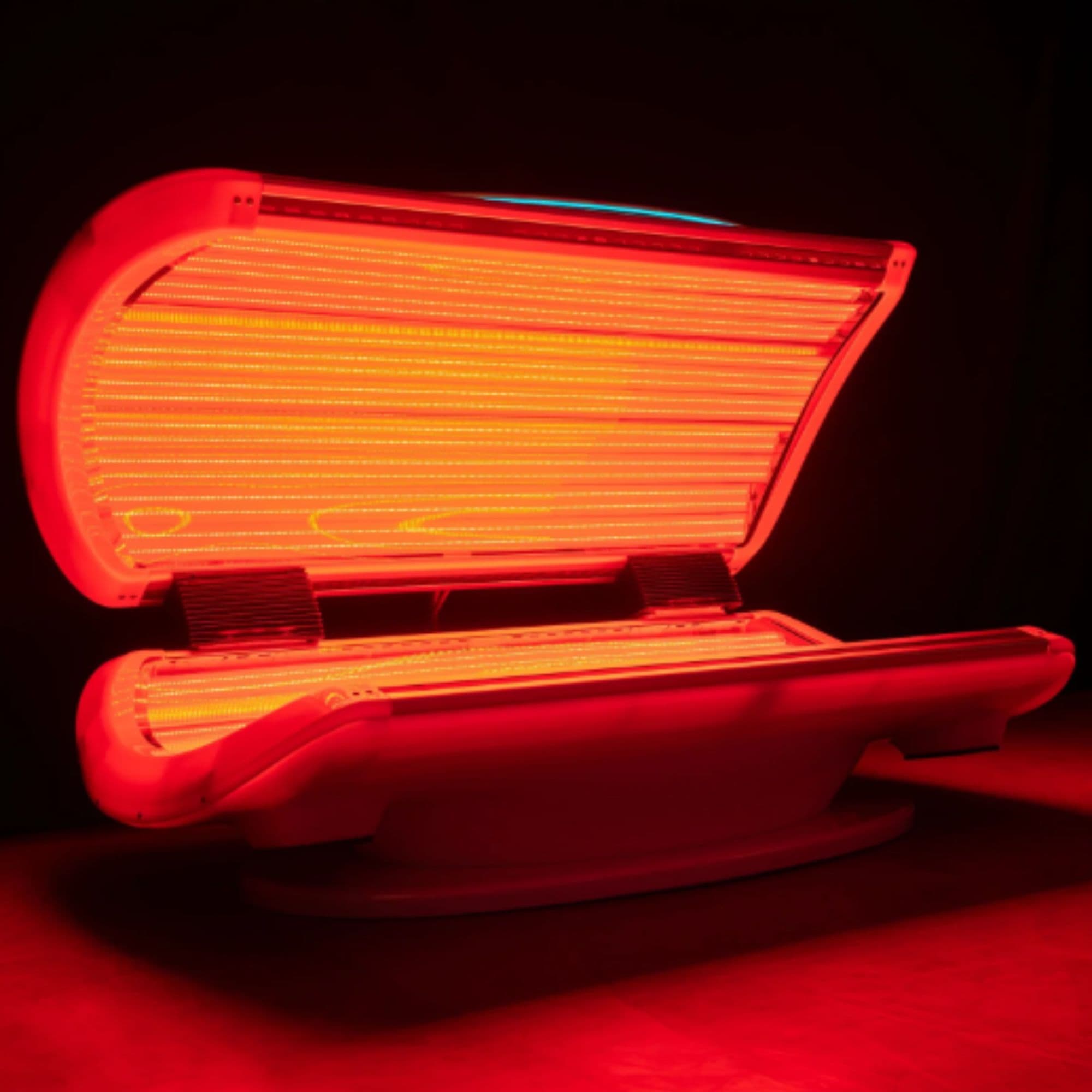MMB Full Body Red Light Therapy Bed Side Angled View With Lights On