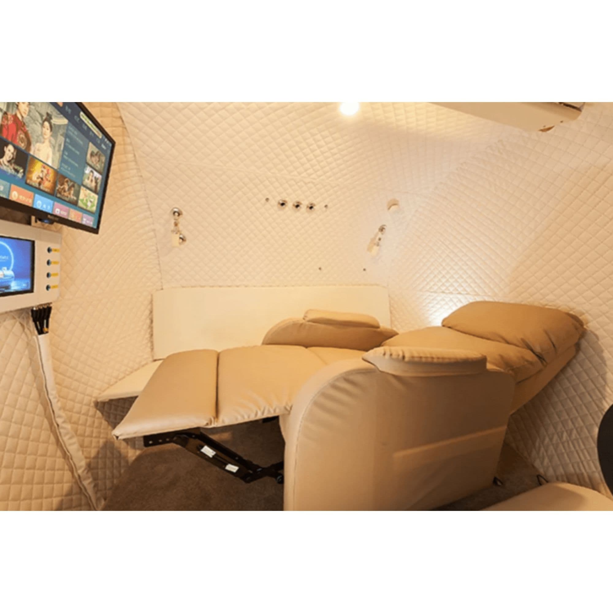 Macy-Pan HE5000 Multiplace Hyperbaric Chamber Interior View Showing The Monitor And The Foldable Chair