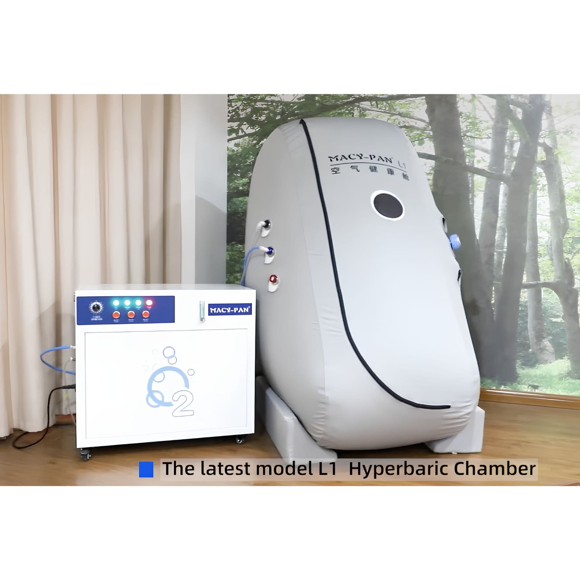 Macy-Pan L1 1.3–1.5 ATA Hyperbaric Chamber Side Angle View With Large Glass Window In A Modern Home Setting