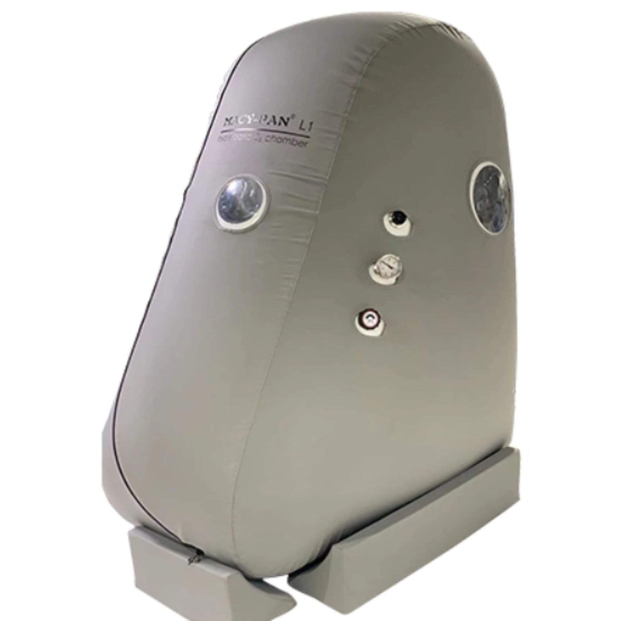 Macy-Pan L1 Soft Sitting Hyperbaric Chamber – 1.3–1.5 ATA Front Angle View Showing Two round Windows On White Background