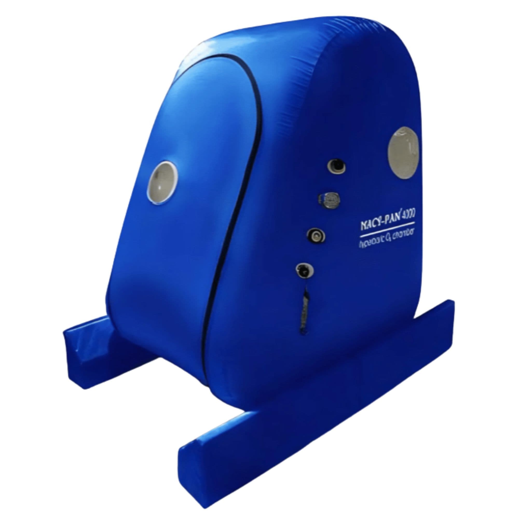 Macy-Pan MC4000 Wheelchair And Double-Seated Hyperbaric Chamber – 1.3–1.4 ATA Front Angle View Of Blue Color On White Background