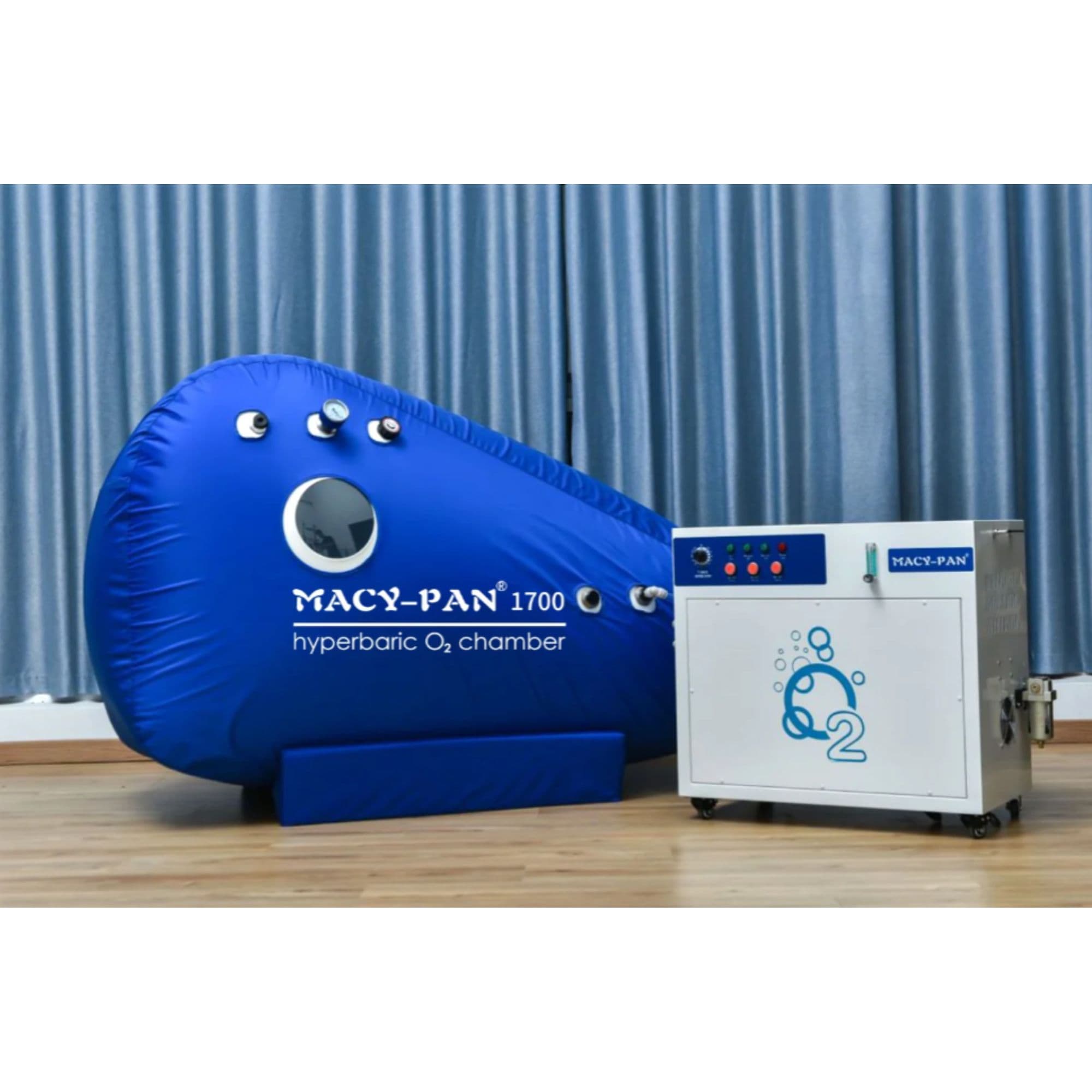 Macy-Pan ST1700 Hyperbaric Chamber Front View Of Blue Color Complete Set With Blue Curtain Background