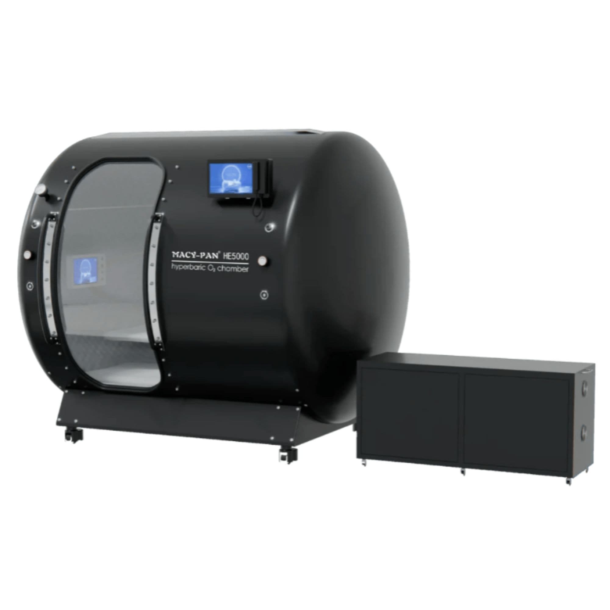 Macy Pan HE5000 Multiplace Hyperbaric Chamber – 5 Person Hard Shell 1.5–2.0 ATA Front Angle View Of Black Color Complete Set