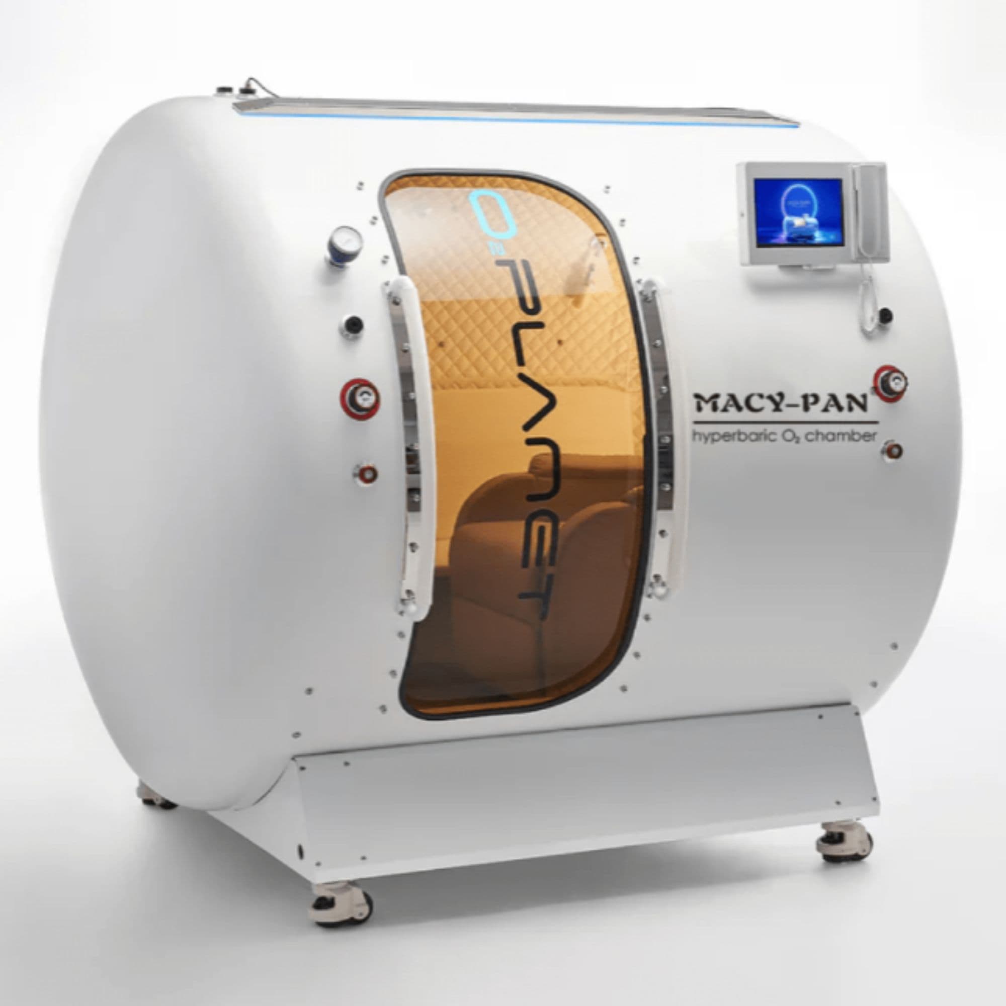 Macy Pan HE5000 Multiplace Hyperbaric Chamber – 5 Person Hard Shell 1.5–2.0 ATA Left Angle View Of White Color With Door Close