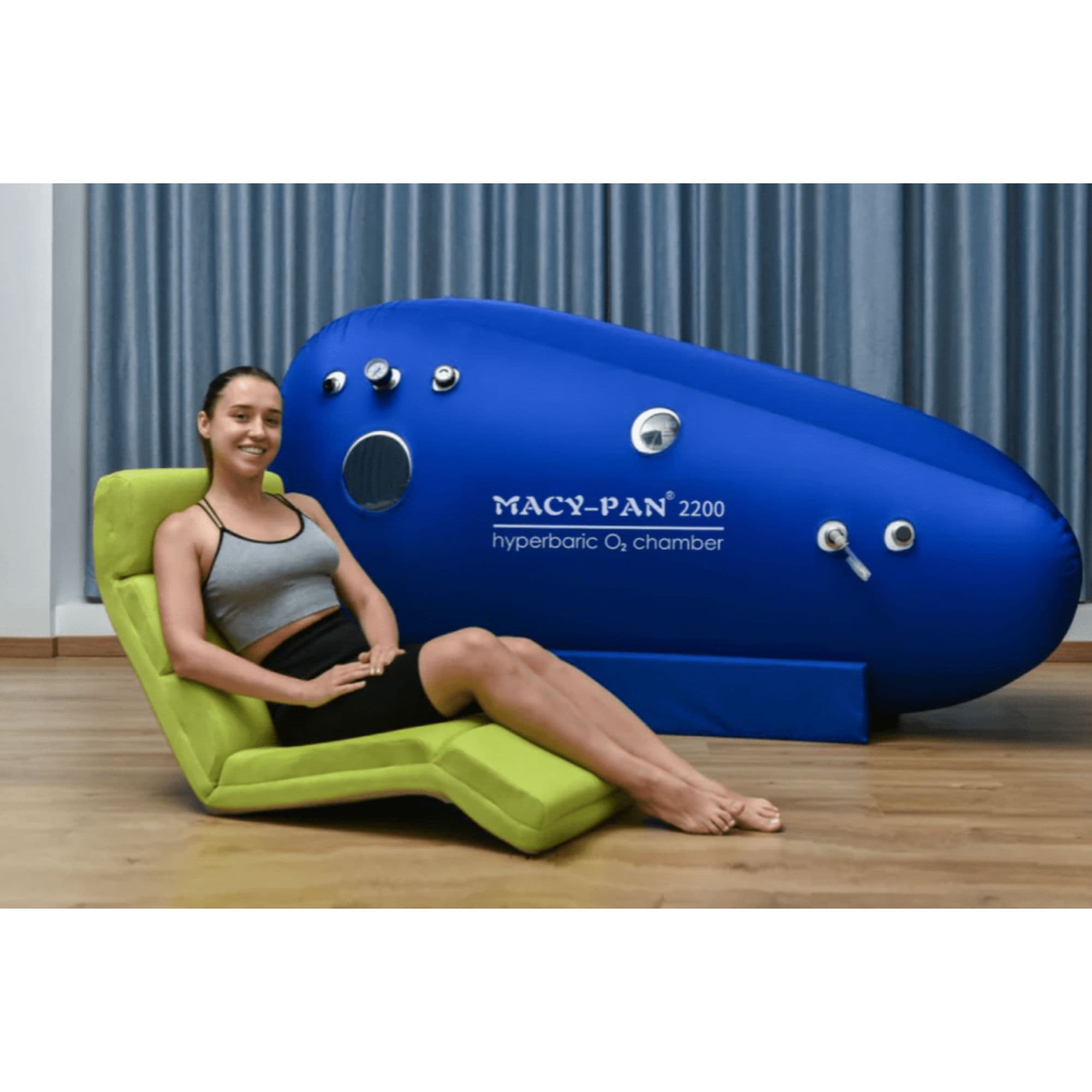Macy Pan ST2200 Front View Of Blue Color With A Girl Sitting In A Green Folding Chair