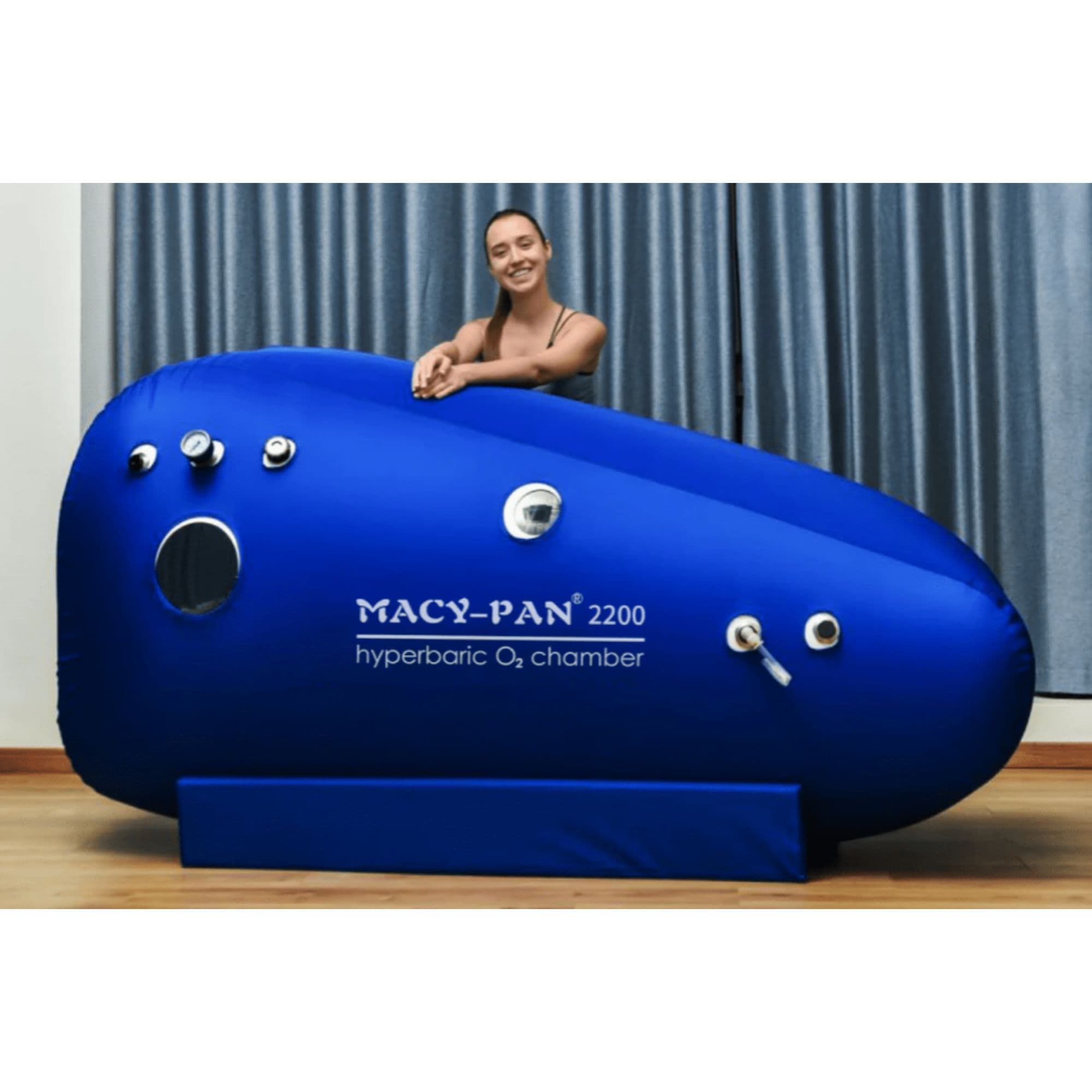 Macy Pan ST2200 Front View Of Blue Color With A Girl Standing On Blue Curtain Background