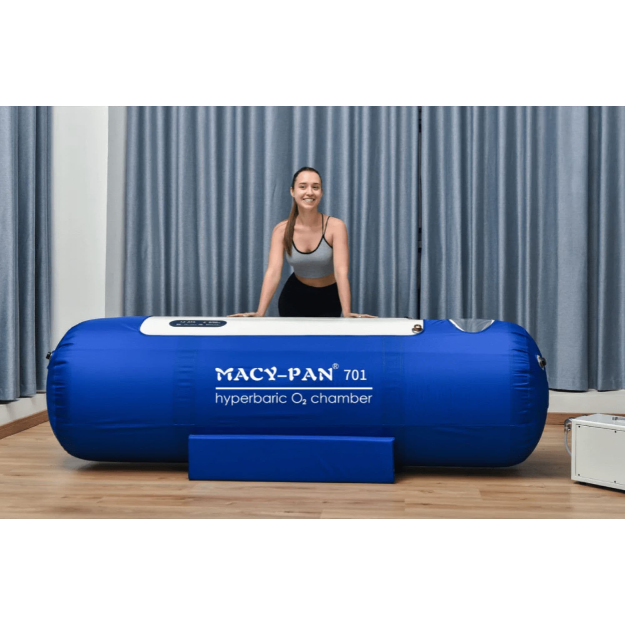 Macy Pan ST701 Front View Of Blue Color With A Girl Standing On Blue Curtain Background