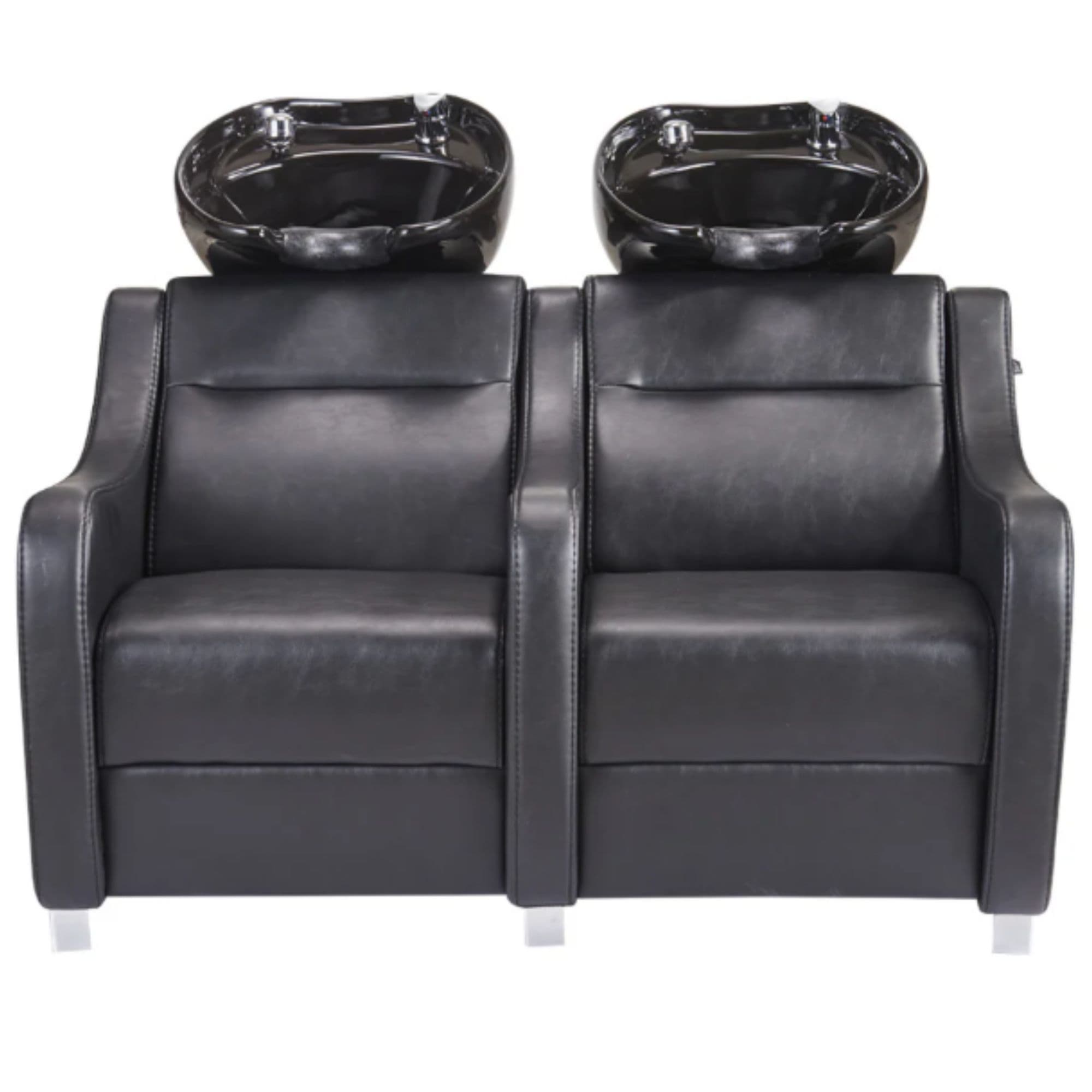 Majestic Double Seats Shampoo Chair Black Front View With Black Double Shampoo Wash Station On Plain White Background