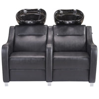 Thumbnail for Majestic Double Seats Shampoo Chair Black Front View With Black Double Shampoo Wash Station On Plain White Background