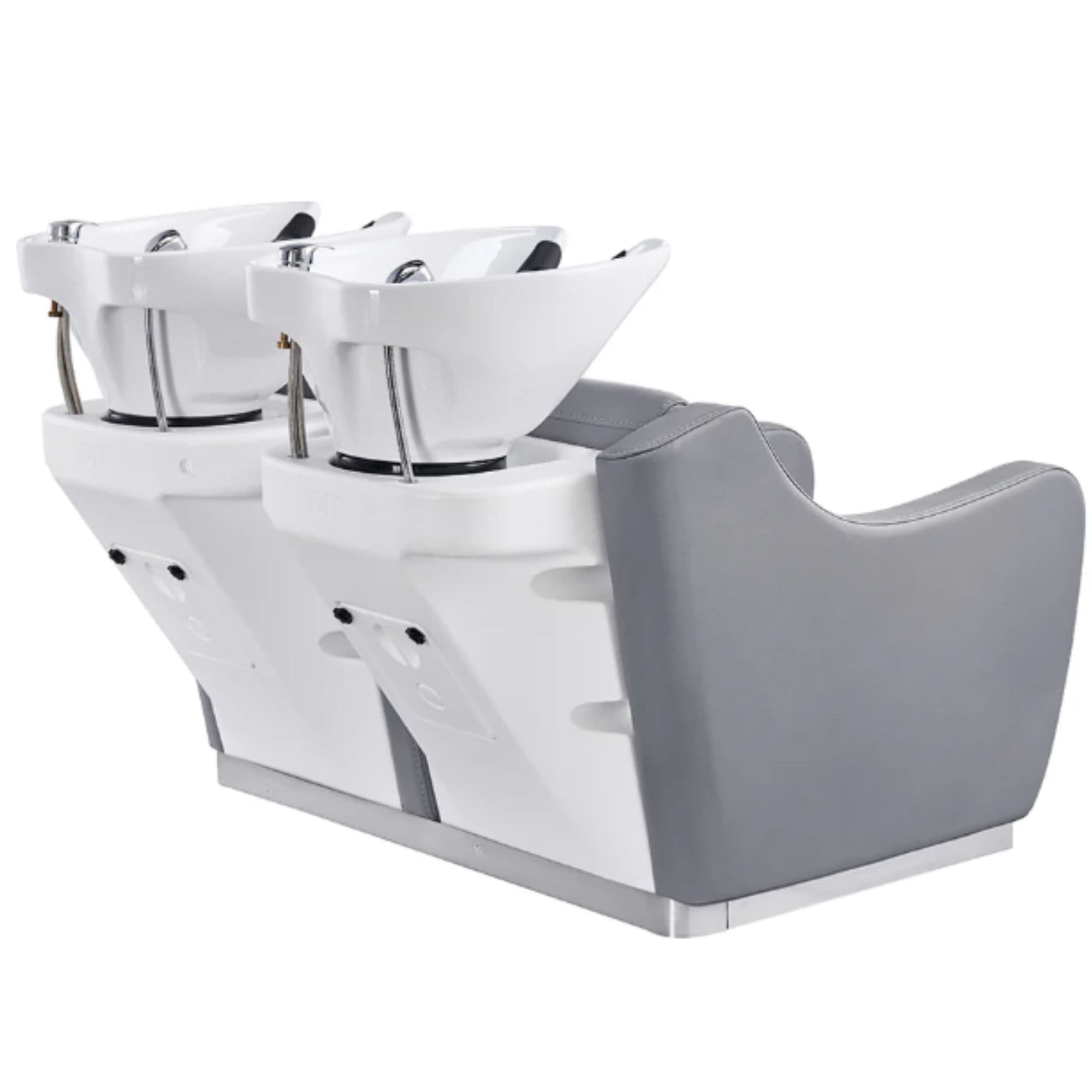 Majestic Double Seats Shampoo Chair Gray Back Angle View With White Double Shampoo Wash Station And Two Stools On Plain White Background