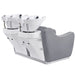 Majestic Double Seats Shampoo Chair Gray Back Angle View With White Double Shampoo Wash Station And Two Stools On Plain White Background