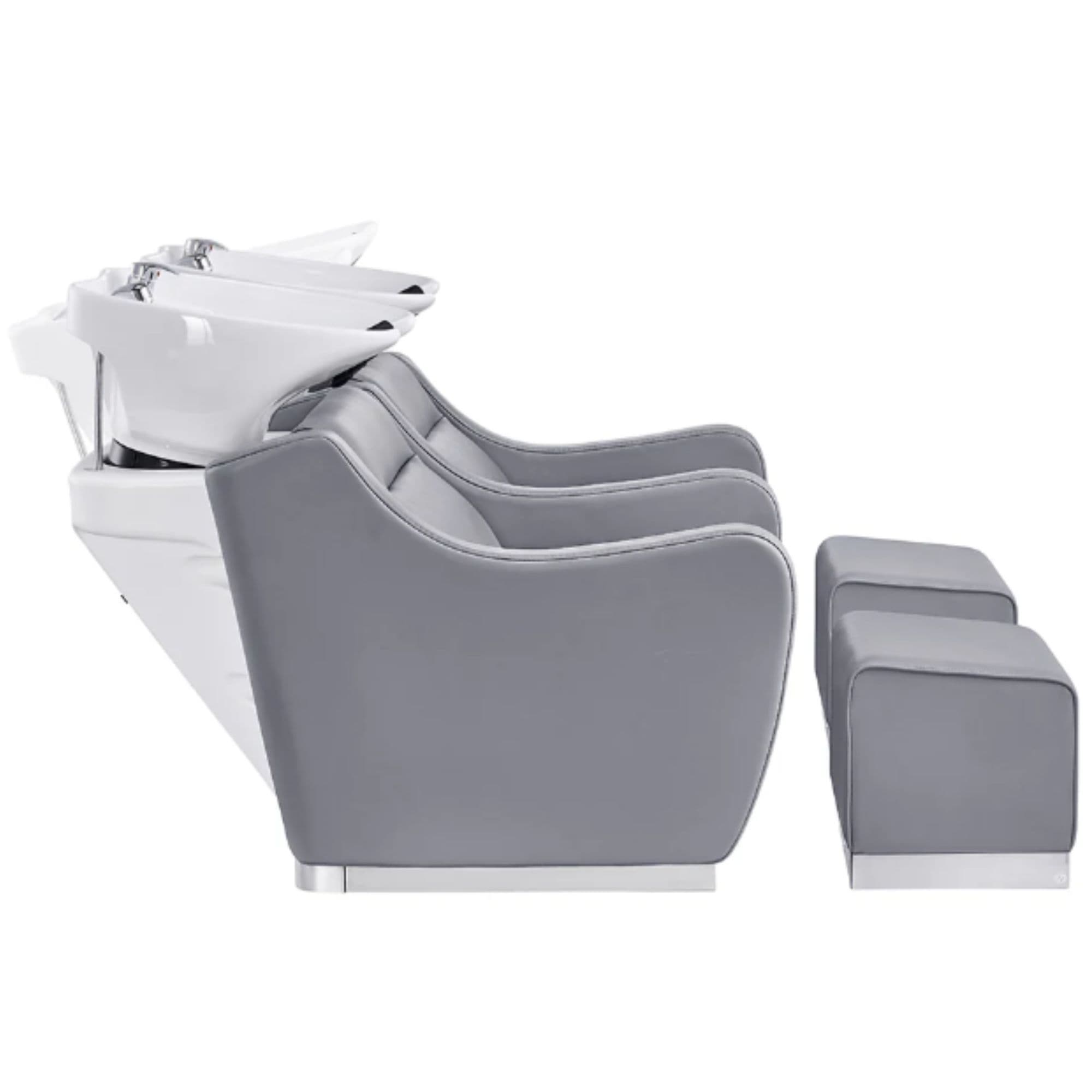 Majestic Double Seats Shampoo Chair Gray Side View With White Double Shampoo Wash Station And Two Stools On Plain White Background