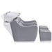 Majestic Double Seats Shampoo Chair Gray Side View With White Double Shampoo Wash Station And Two Stools On Plain White Background