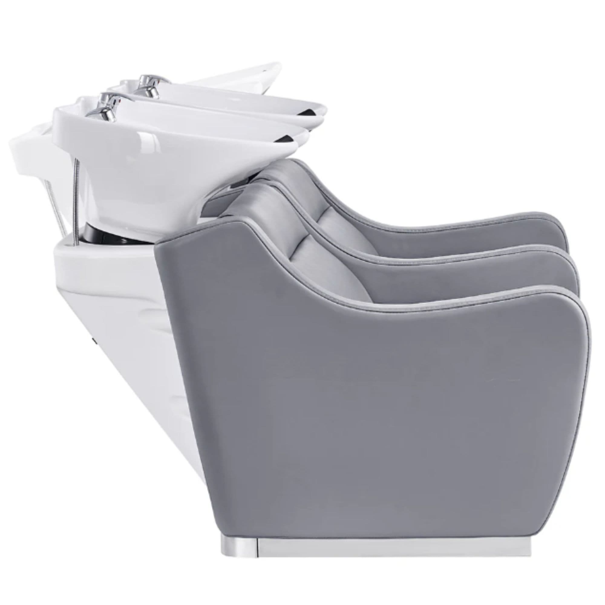 Majestic Double Seats Shampoo Chair Gray Side View With White Double Shampoo Wash Station On Plain White Background