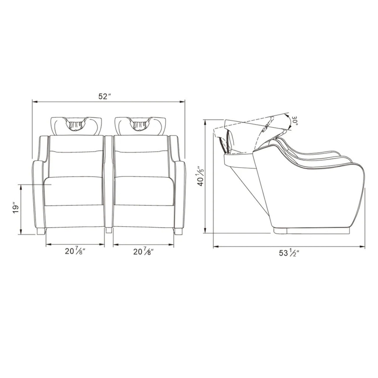 Majestic Double Seats Shampoo Chair Product Dimension Diagram