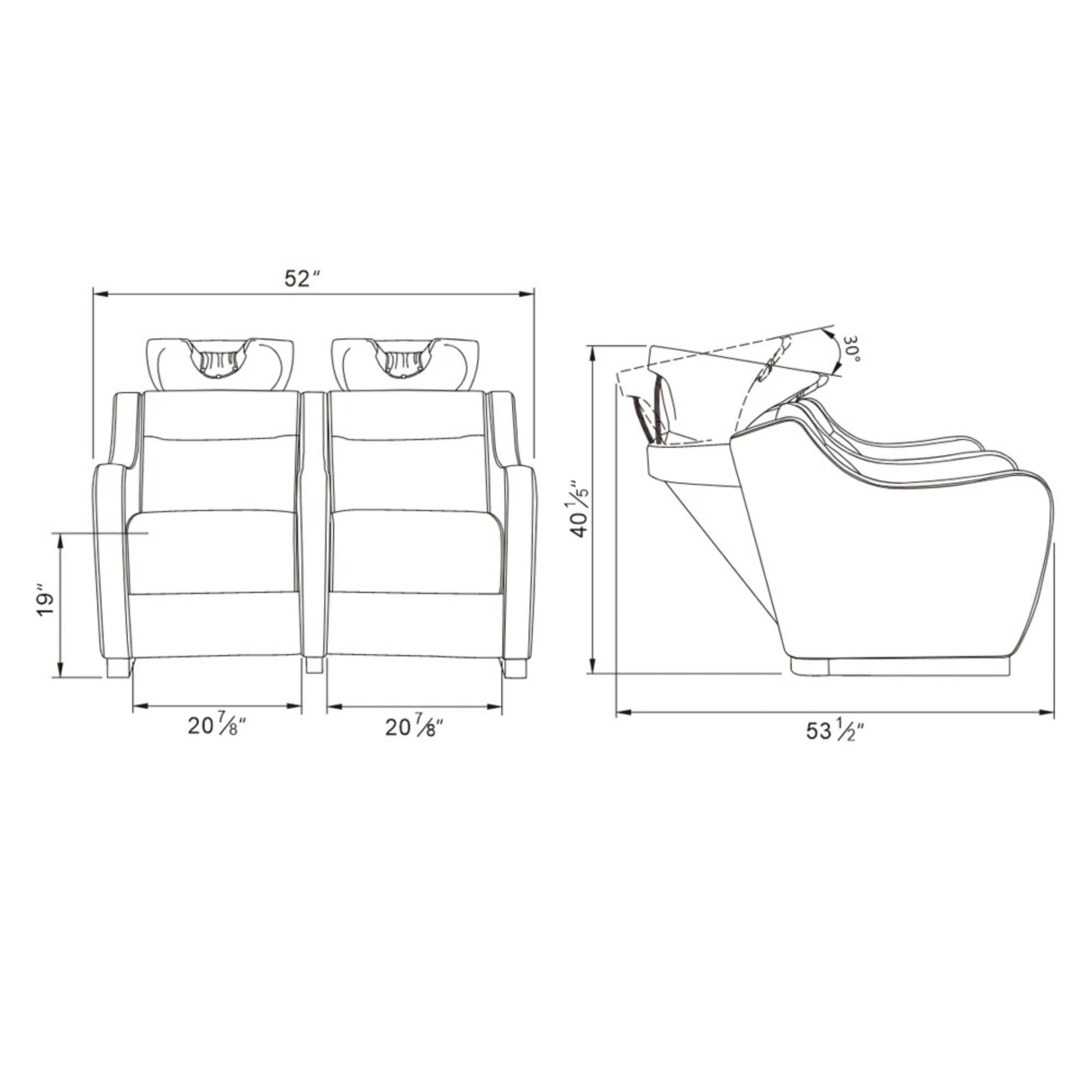 Majestic Double Seats Shampoo Chair Product Dimension Diagram