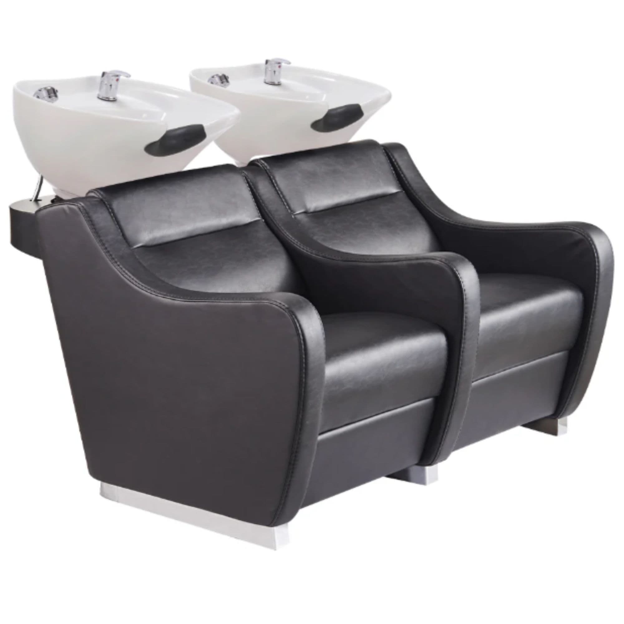 Majestic Space-Saving Double Shampoo Chair Black Front Angled View With White Double Shampoo Wash Station On Plain White Background