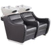Majestic Space-Saving Double Shampoo Chair Black Front Angled View With White Double Shampoo Wash Station On Plain White Background