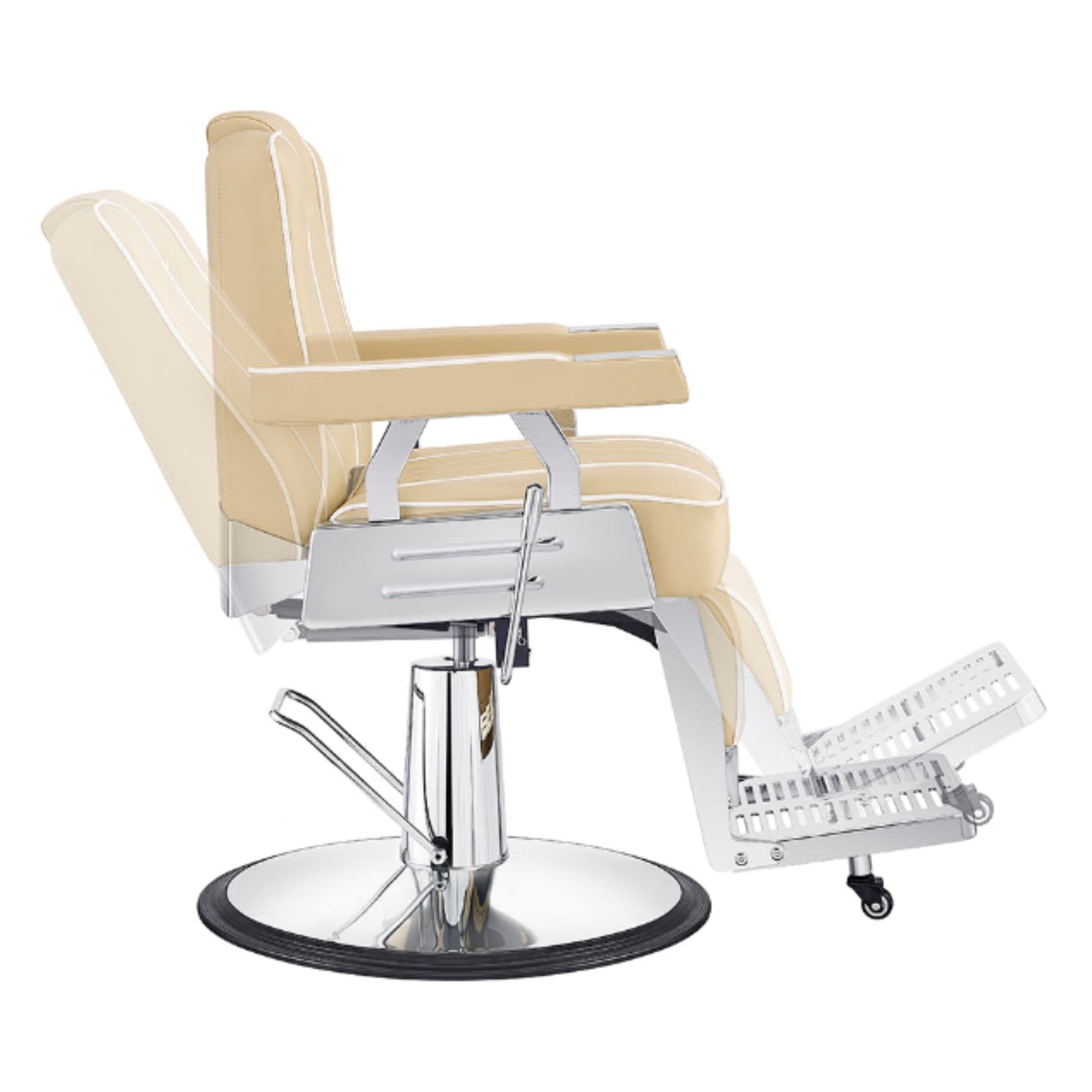 Majesty Antique Barbershop Chairs Beige Variant Side View Demonstrating Swing Adjustment On White Background