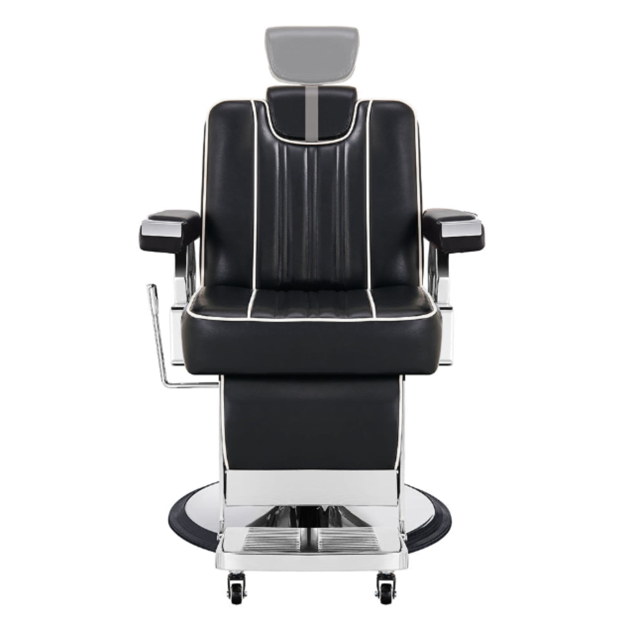 Majesty Antique Barbershop Chairs Black Variant Front View Demonstrating Pull Out Headrest Range On White Background