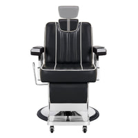 Thumbnail for Majesty Antique Barbershop Chairs Black Variant Front View Demonstrating Pull Out Headrest Range On White Background