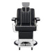 Majesty Antique Barbershop Chairs Black Variant Front View Demonstrating Pull Out Headrest Range On White Background