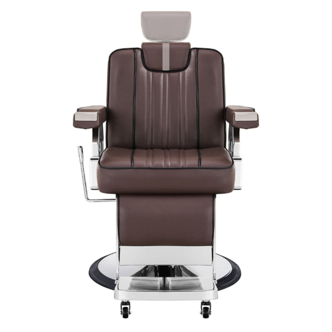 Majesty Antique Barbershop Chairs Brown Variant Front View Demonstrating Pull Out Headrest Range On White Background