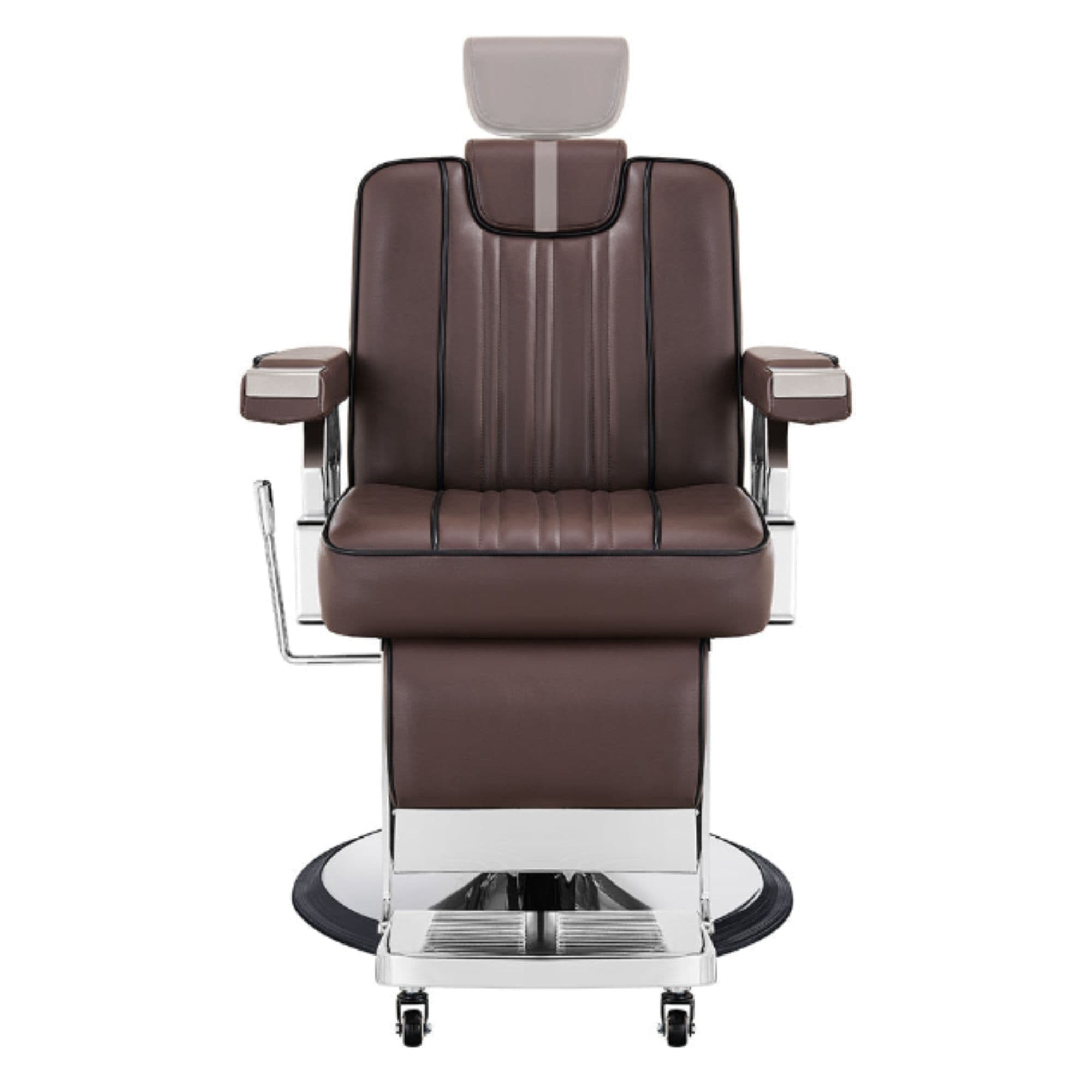Majesty Antique Barbershop Chairs Brown Variant Front View Demonstrating Pull Out Headrest Range On White Background